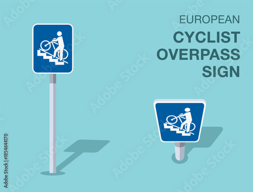 Traffic regulation rules. Isolated european "cyclist overpass" road sign. Front and top view. Flat vector illustration template.