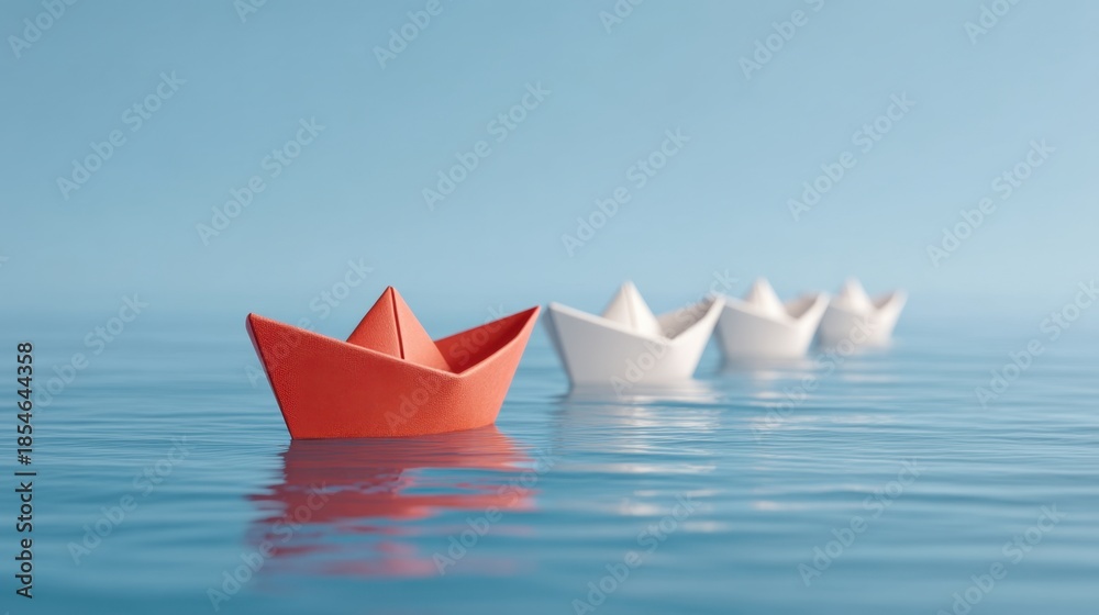 Obraz premium A Serene Scene of Colorful Paper Boats Sailing on Calm Blue Water Under a Clear Sky in a Tranquil Setting Capturing Peace and Imagination
