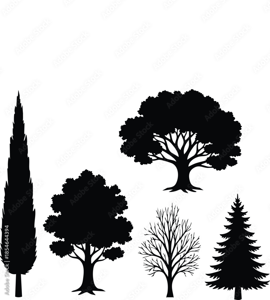 Fototapeta premium Set of black tree silhouettes including pine and oak for nature landscape design