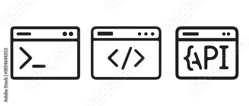 Modern programming and software development concepts featuring terminal, code, and api icons.