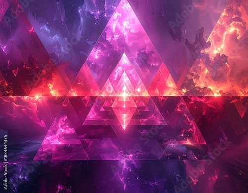 Geometric pink and red layered triangles against a vibrant, fiery sky