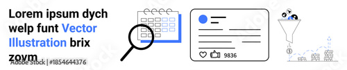 Digital marketing, social analytics, data visualization, content management, campaign planning, consumer behavior. Magnifying glass over a calendar, icons for insights and filtering. Digital