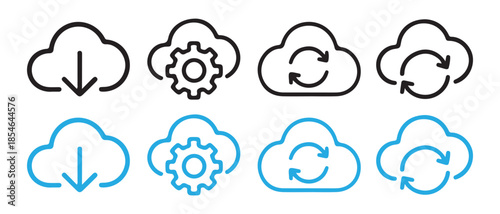 Cloud computing icons showing data download, settings, and synchronization processes in two styles.
