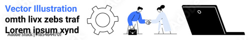 Gear illustration, two individuals exchanging ideas with a briefcase, and a laptop for remote work. Ideal for teamwork, technology, collaboration, problem-solving, communication, workflow simple