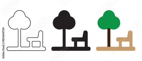 Park bench and tree icon set. in outline, silhouette, and vibrant colored styles.