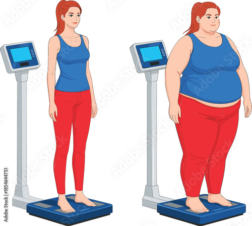  Weight loss and body transformation comparison showing slim and overweight woman on digital scales, health fitness journey medical infographic flat vector illustration isolated..
