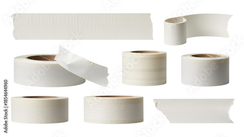 Various rolls of white medical tape on white background