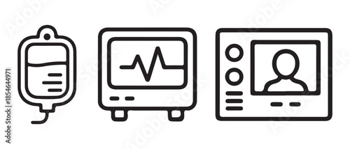 Essential medical equipment set with iv drip, ecg monitor, and patient display icon.