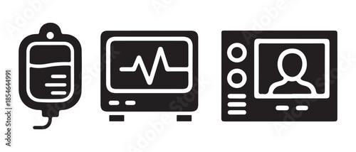 Essential medical devices. iv drip, heart rate monitor, and patient display screen.