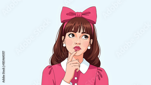 Illustration of a young woman with a pink bow thinking deeply, looking up with a thoughtful expression.