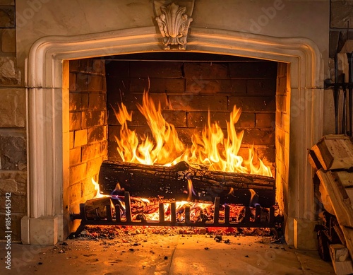 Glowing fire illuminates a stone-framed fireplace, burning logs