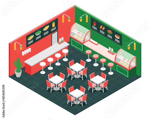 Bright and modern isometric view of a clean, empty diner interior with red and green accents.