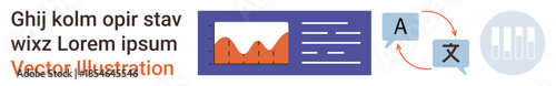 Language learning, data analysis, communication, translation technology, education, interface design. Graphic with bar chart, text sections and translation icons. Language learning and data analysis