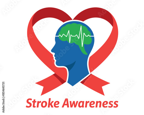 Red ribbon forms heart around silhouette of head with brain and heartbeat line symbolizing stroke awareness and health