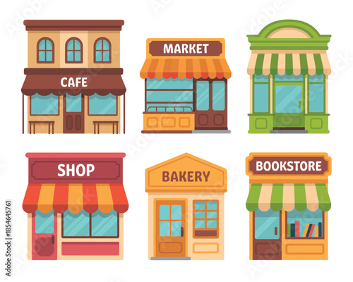 Collection of charming storefronts representing various small businesses like cafes, bakeries, and bookstores.
