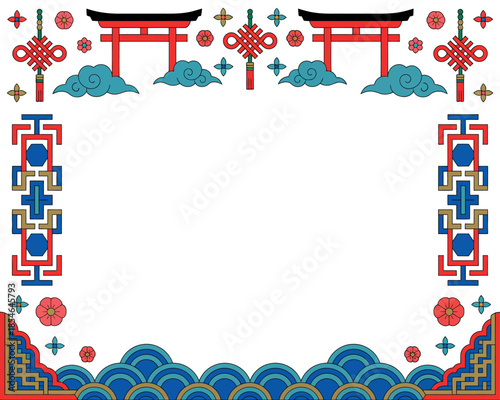 Decorative border with traditional Asian architectural elements and motifs