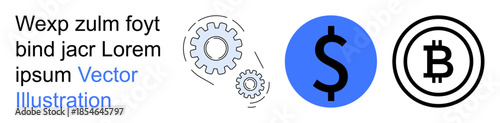 Financial technology, blockchain, cryptocurrency, digital economy, innovation, automation. Icons of dollar and bitcoin currency with gear symbols. Financial technology and blockchain concepts