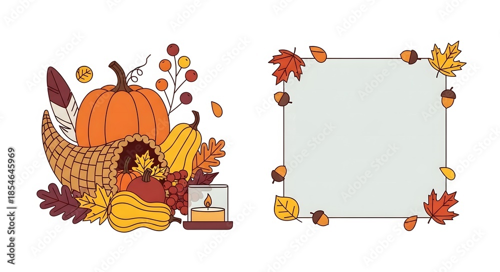 Fototapeta premium Festive autumn harvest thanksgiving scene with pumpkin cornucopia and decorative border