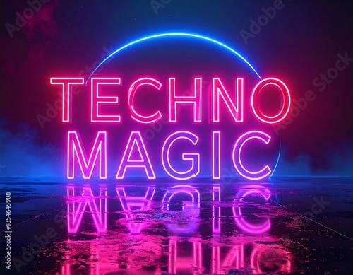 Glowing neon text, a reflected scene, with a dark, colorful background