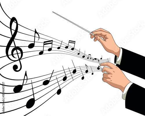 Conductor's hands guiding musical notes in a flowing symphony, evoking harmony and performance.