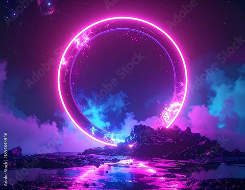Glowing neon circle hovers over dark landscape, stars in background
