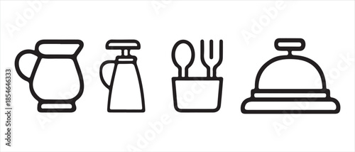 A set of four restaurant and hotel service line art icons on a white background.