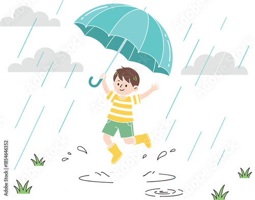Happy young boy jumping in puddles with umbrella during rainy day weather, cute child character wearing boots in flat vector style illustration..