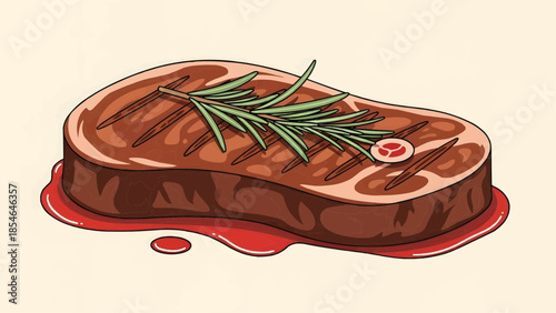 Flat vector illustration of juicy beef steak with rosemary