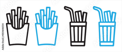 Minimalist line art icons illustrating french fries in a container and a cup, available in black and blue colors.