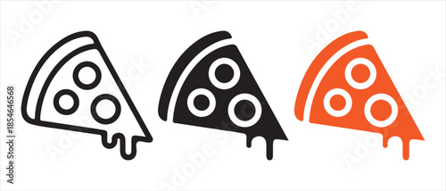 Variations of a minimalist pizza slice icon in outline and solid styles.