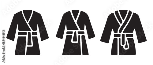 Minimalist set of three black bathrobe icons in a clean style on a white background.