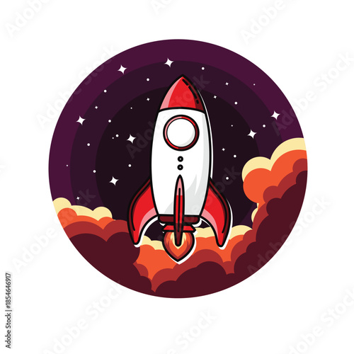 Vector cartoon rocket launch. Rocket ship retro vintage vector illustration.	