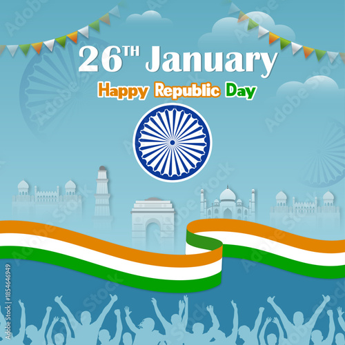 26th January happy republic day india illustration design with Indian flag and Ashoka chakra. vector illustration design.