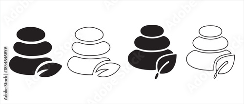 A set of four monochrome icons featuring stacked spa stones and a natural leaf in various styles.
