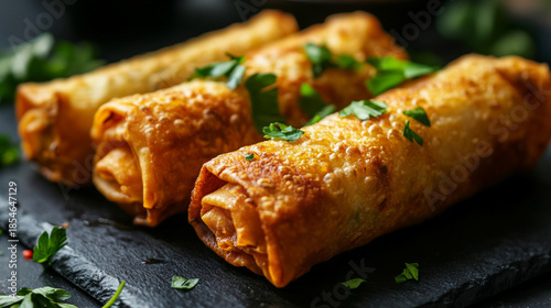 Four crispy golden egg rolls arranged on a plate, garnished with fresh parsley, highlighting texture, color, and a delicious, appetizing presentation ideal for food photography and culinary visuals.
