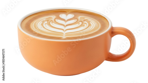 Photos Latte art in orange cup isolated PNG on transparent background, coffee drink wit