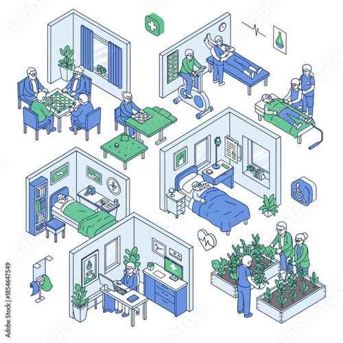 Isometric illustration of a senior care facility depicting various daily life activities, medical care, and recreational pursuits for elderly residents.