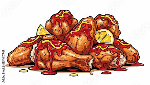 Flat vector illustration of chicken wings and legs with chiriaki sauce and mustard and lemon slices on a white background