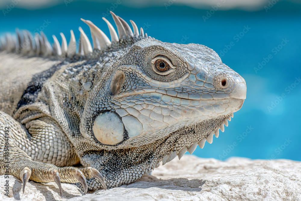 Fototapeta premium Iguana resting comfortably on a sunlit rock near a shimmering body of water Generative AI