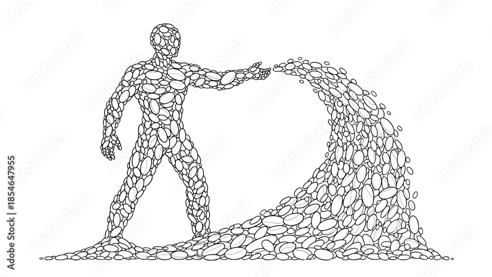 Fototapeta premium Surreal pebble stone man creating a wave, conceptual art illustration line drawing representing