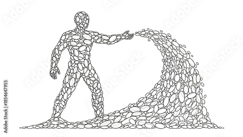 Surreal pebble stone man creating a wave, conceptual art illustration line drawing representing