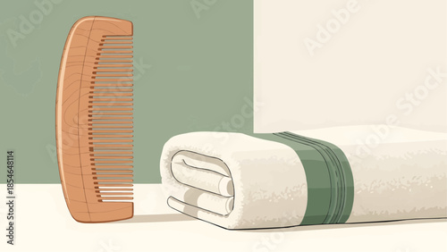 Flat vector illustration of a wooden comb next to a rolled towel on a soft background 