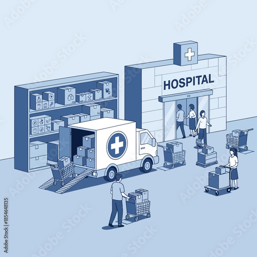 Hospital logistics and supply chain management with delivery truck and staff moving medical supplies.