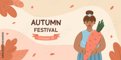 Dark skinned girl holding large carrot in her hands. Autumn and harvest concept. Horizontal Web banner with autumn leaves for Autumn Festival. Flat style vector illustration.