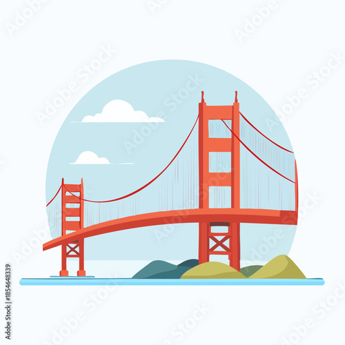 Flat design illustration of the iconic Golden Gate Bridge spanning a body of water under a clear blue sky with white clouds, showcasing a famous landmark.