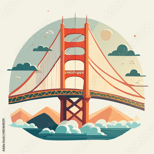 A stylized flat design illustration of the iconic Golden Gate Bridge spanning a body of water with clouds and mountains in the background.