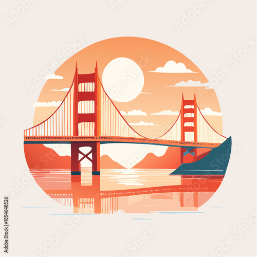 A stylized illustration of the Golden Gate Bridge at sunset with warm orange and red hues, reflected in the calm water.