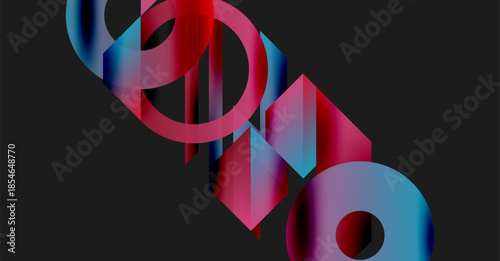 Abstract shapes overlap, creating vibrant red, blue gradients. Dark background emphasizes colorful geometric forms. Modern design.