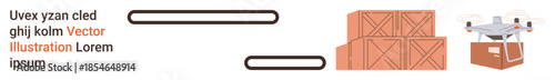 Logistics, automation, e-commerce, modern technology, delivery services, supply chain. A quadcopter carrying a package near stacked boxes. Logistics and automation in the concept