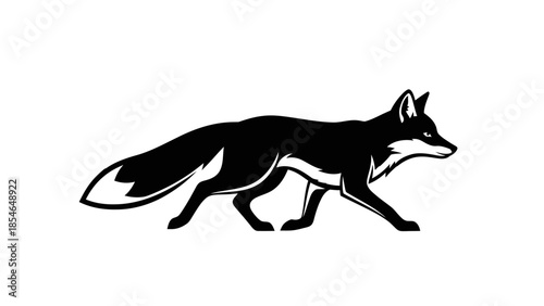 Sleek black fox silhouette strides forward with grace and determination depicted in monochrome